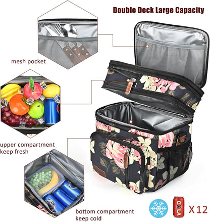 Lunch Bag for Women Men Double Deck Lunch Box - Leakproof Insulated Soft Large Lunch Cooler Bag, MIYCOO (Black,15L)