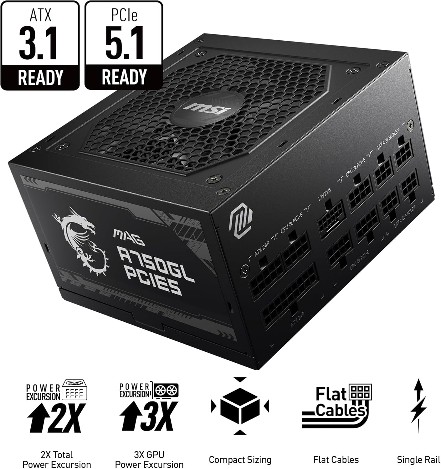 MSI MAG A750GL PCIE 5 Gaming Power Supply - Full Modular - 80 Plus Gold Certified 750W - Compact Size - ATX PSU - PuriLite