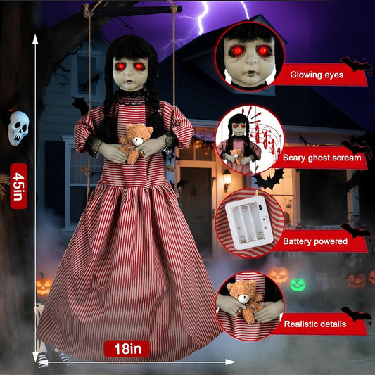 Scary Halloween Decorations Outdoor, Realistic Hanging Swinging Girl with Scary Sounds & Glowing Eyes, Hanging Ghosts Decor for Haunted House Graveyards Horror-Themed Party