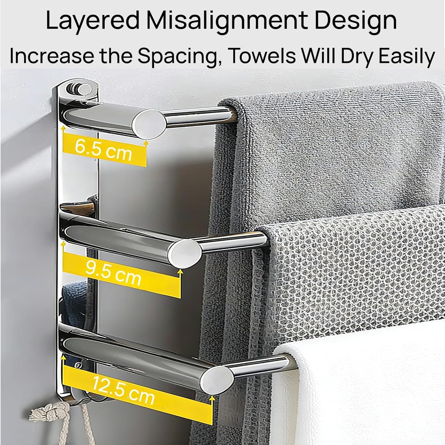 SUS304 Three Bar Adjustable Towel Rack, Expandable Range:16.5 in to 29.9 in, Bathroom Towel Holder with Double Hooks,Two Installation Methods:Drillinstallation and No-Drill Installation.(Silvery)