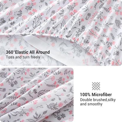 Viviland Floral Queen Sheet Set - 4 Piece Vintage Pink & Yellow Flower Patterned Bed Sheets - Soft, Breathable Microfiber Sheets with Deep Pocket, Non-Slip Fitted Sheets & Pillowcases