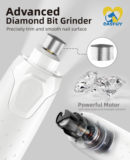 Casfuy Dog Nail Grinder Quiet - (45db) 6-Speed Pet Nail Grinder with 2 LED Lights for Large Medium Small Puppy Dogs/Cats, Professional 3 Ports Rechargeable Electric Dog Nail Trimmer with Dust Cap(W)