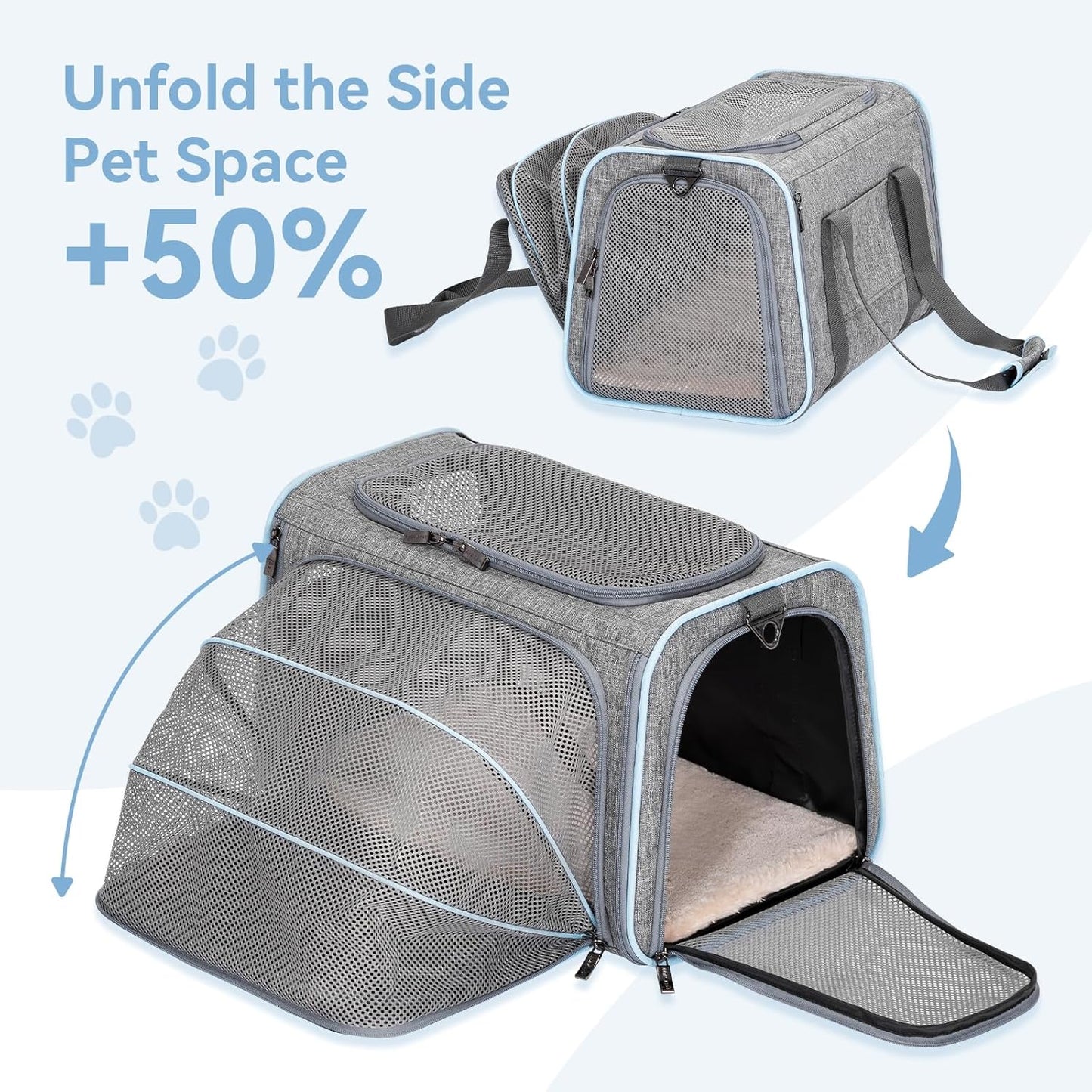 Petsfit Expandable Cat Dog Carrier Airline Approved, 17" L x 11" W x 11" H Soft-Sided Portable Pet Travel Carrier for Kitten, Puppy, Removable Soft Plush Mat and Pockets, Auto-Locking Zippers