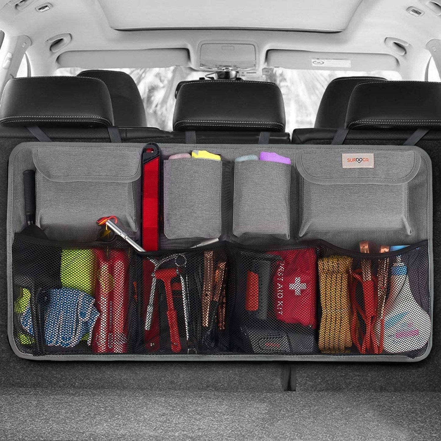 SURDOCA Car Trunk Organizer, 3rd Gen [7 Times Upgrade] Super Capacity Car Organizer, Equipped with [Robust Elastic Net & 3 Magic Stick] Car Trunk Tidy Storage Bag with Lids, Space Saving Expert-Black