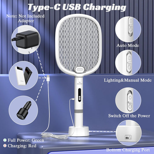 PALONE Bug Zapper Racket, Electric Fly Swatter with Light, Type-C Rechargeable Fly Swatter, 4000V Detachable Automatic Fly Zapper with Dual Modes, for Indoor Outdoor (1 Pack) - PuriLite