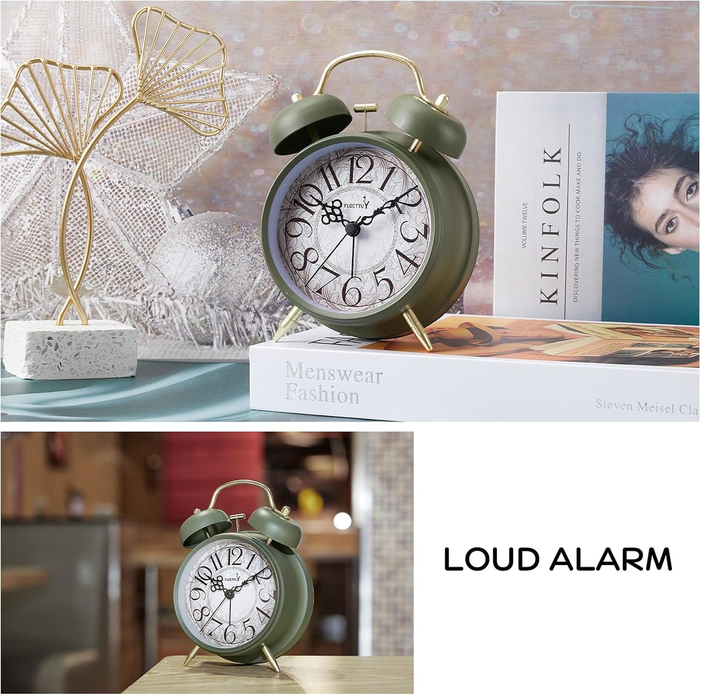 FLOITTUY Loud Alarm for Deep Sleepers 4'' Retro Twin Bell Alarm Clock with Backlight for Bedroom and Home Decoration(Retro White)