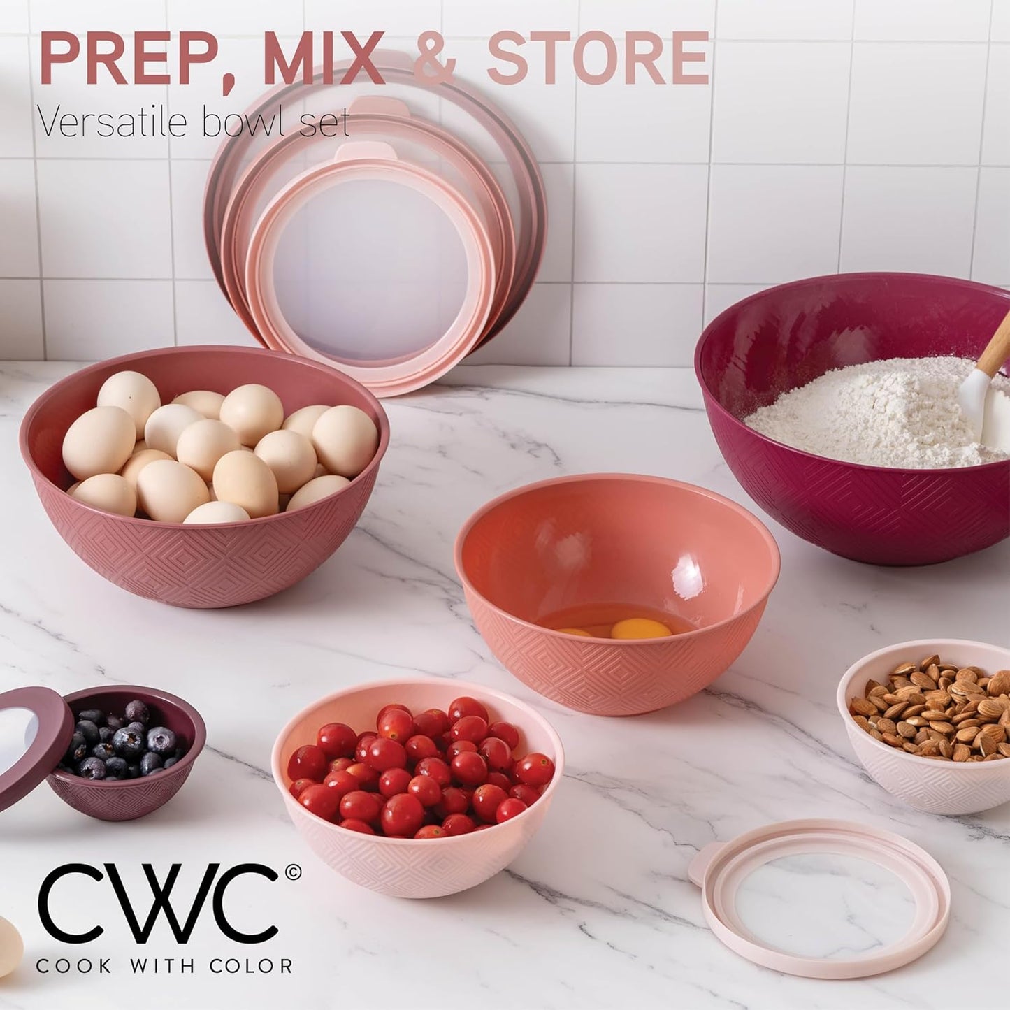 COOK WITH COLOR Mixing Bowls with TPR Lids - 12 Piece Plastic Nesting Bowls Set Includes 6 Prep Bowls and 6 Lids, Microwave Safe Mixing Bowl Set (Green)