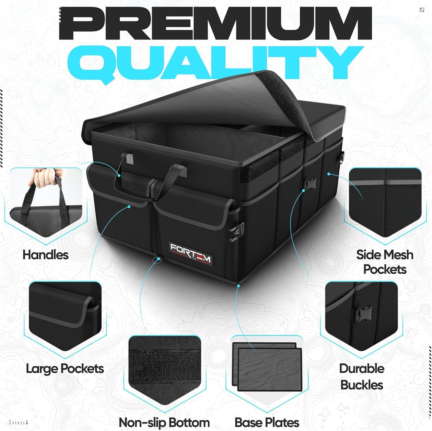 FORTEM Car Trunk Organizer, Collapsible Multi Compartment Car Organizer, Foldable SUV Storage for Car Accessories for Women Men, Non Slip Bottom, Securing Straps, Soft Cover 50L (Black, Standard)