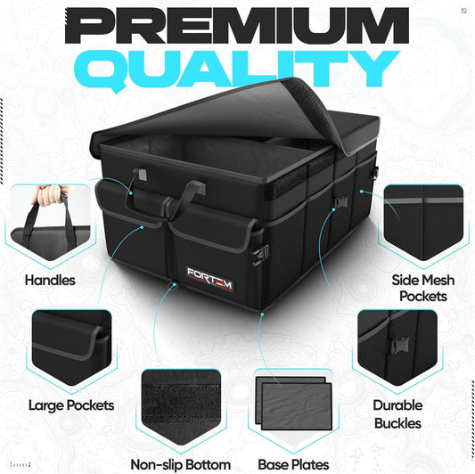 FORTEM Car Trunk Organizer, Collapsible Multi Compartment Car Organizer, Foldable SUV Storage for Car Accessories for Women Men, Non Slip Bottom, Securing Straps, Soft Cover 50L (Black, Standard) - PuriLite