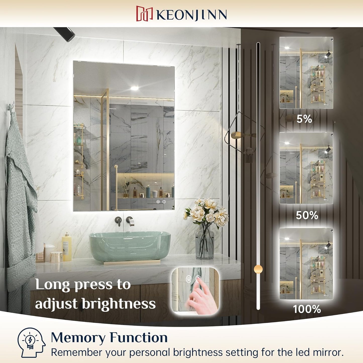 Keonjinn 40 x 32 Inch LED Bathroom Mirror with Acrylic, Backlit Mirror Anti-Fog, Lighted Bathroom Mirror for Wall, CRI90 High Definition Dimmable Large Makeup Mirror(Horizontal/Vertical)