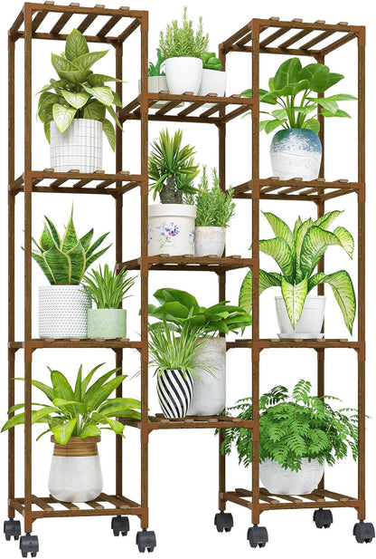 Bamworld Plant Stand Indoor Outdoor Hanging Plant Shelf for Multiple Plants Pots Wood Flower Stand Tall Large Flower Holder for Living Room, Patio, Balcony, Garden Decor, Brown