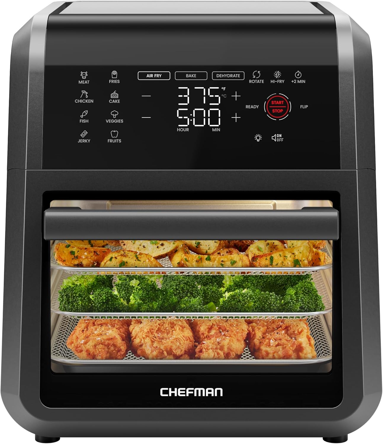 Chefman 12-Quart 6-in-1 Rotisserie Air Fryer Oven & Dehydrator, 12 Presets, Touchscreen, Family Size, Dishwasher-Safe Parts, Black
