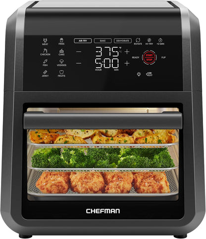 Chefman 12-Quart 6-in-1 Rotisserie Air Fryer Oven & Dehydrator, 12 Presets, Touchscreen, Family Size, Dishwasher-Safe Parts, Black