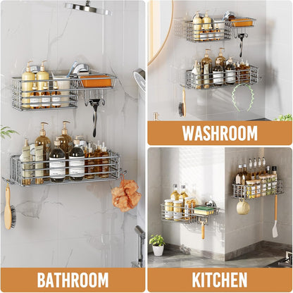 LEVERLOC Shower Caddy Suction Cup, 2 Pack Black Shower Shelf with Hooks and Soap Holder, NO-Drilling Bathroom Organizer, Rustproof Metal Bathroom Storage and Organization