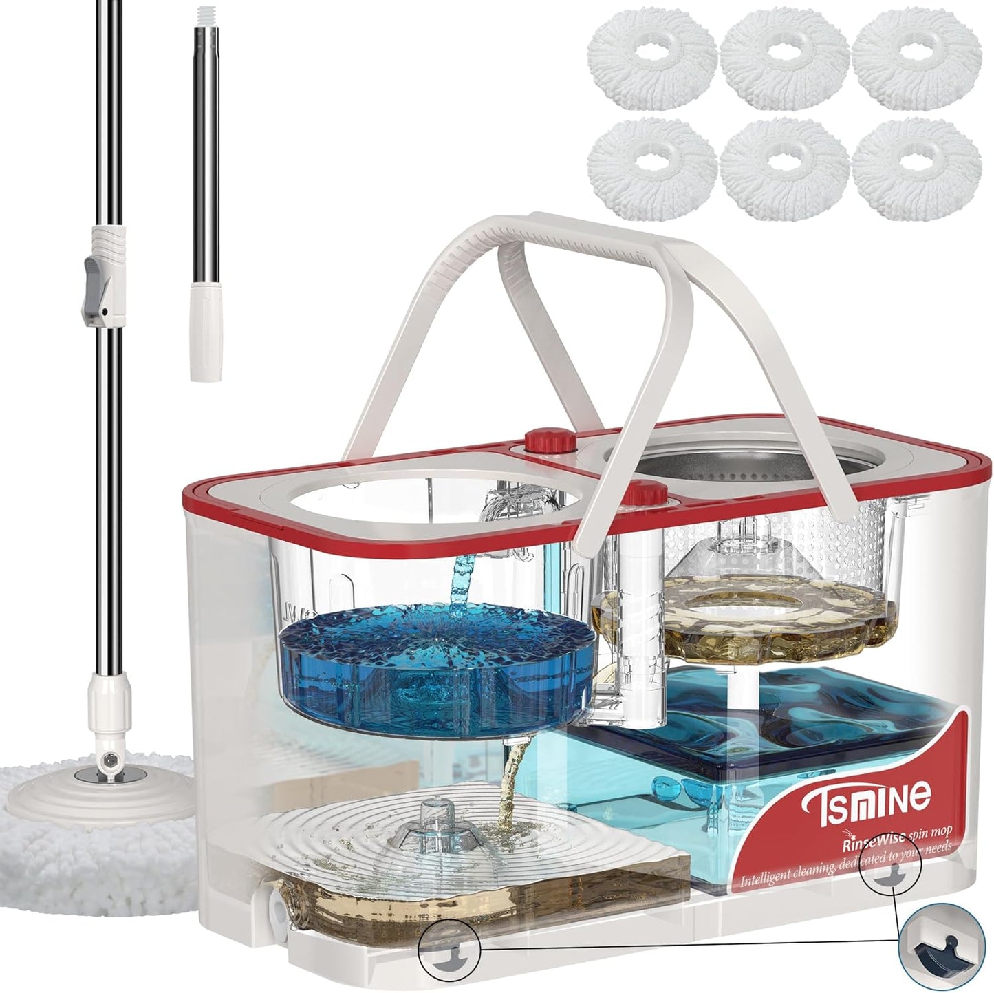 RinseWise Spin Mop and Bucket Separate Clean and DirtyWater, Mop and Bucket with Wringer Set, 4-Chamber Commercial Spinning Mopping Bucket Cleaning Supplies with 8 Microfiber Replacement Head Refills