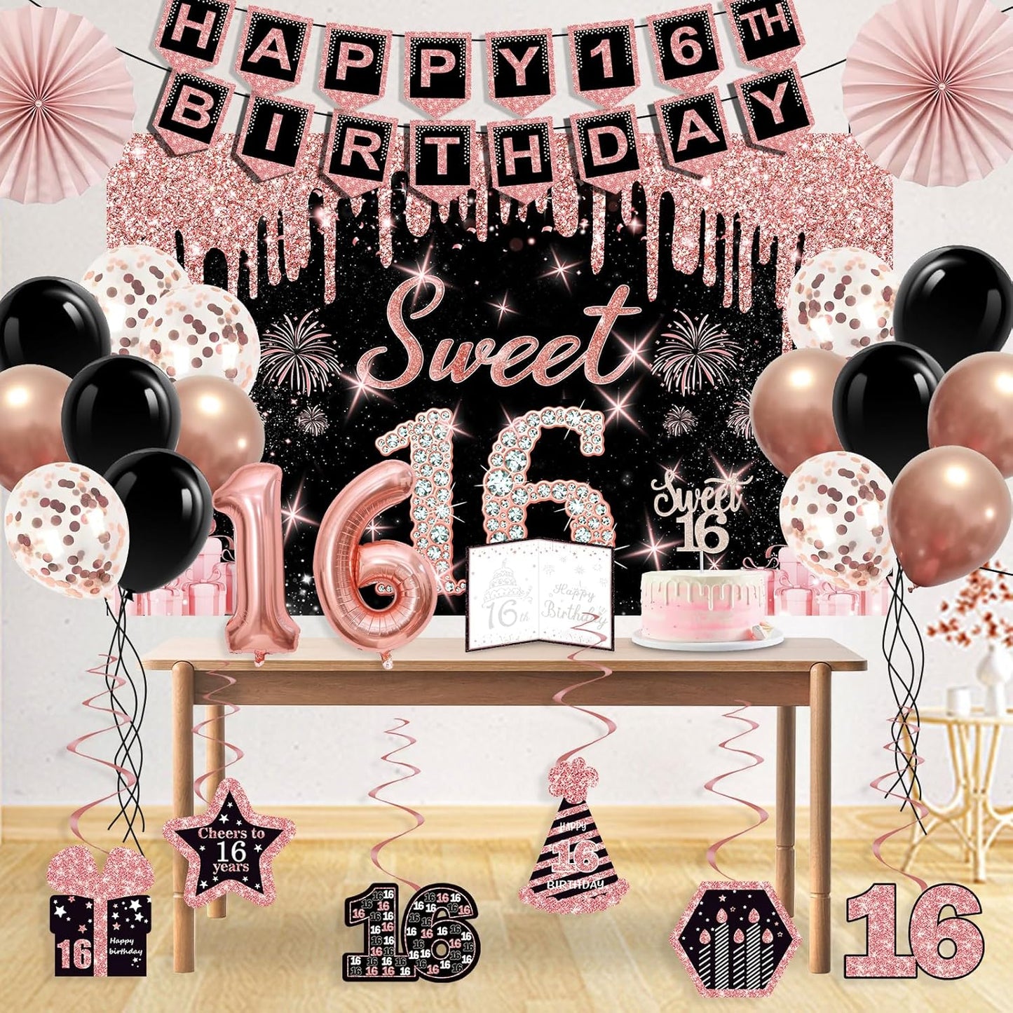 40th Birthday Decorations for Women,32pcs 40th Birthday Party Decorations,Including Backdrop, Crown,Sash,banner, Hanging Swirl,Cake Topper,balloons,Paper Fans,Anniversary Card and paper fans