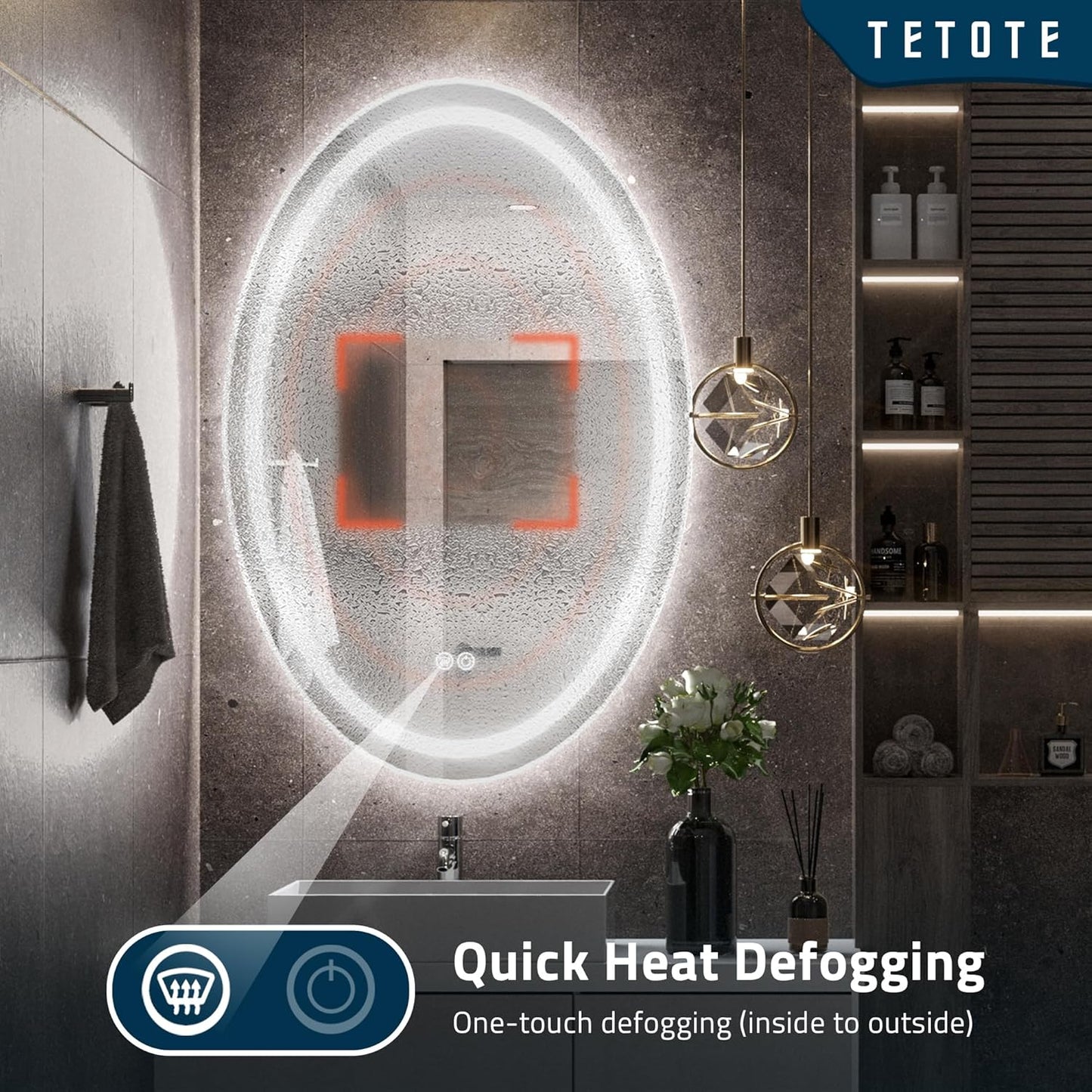 TETOTE 28 Inch Round LED Bathroom Vanity Mirror, Anti-Fog Dimmable Lights IP54 Waterproof Circle Makeup Wall Mounted Mirror