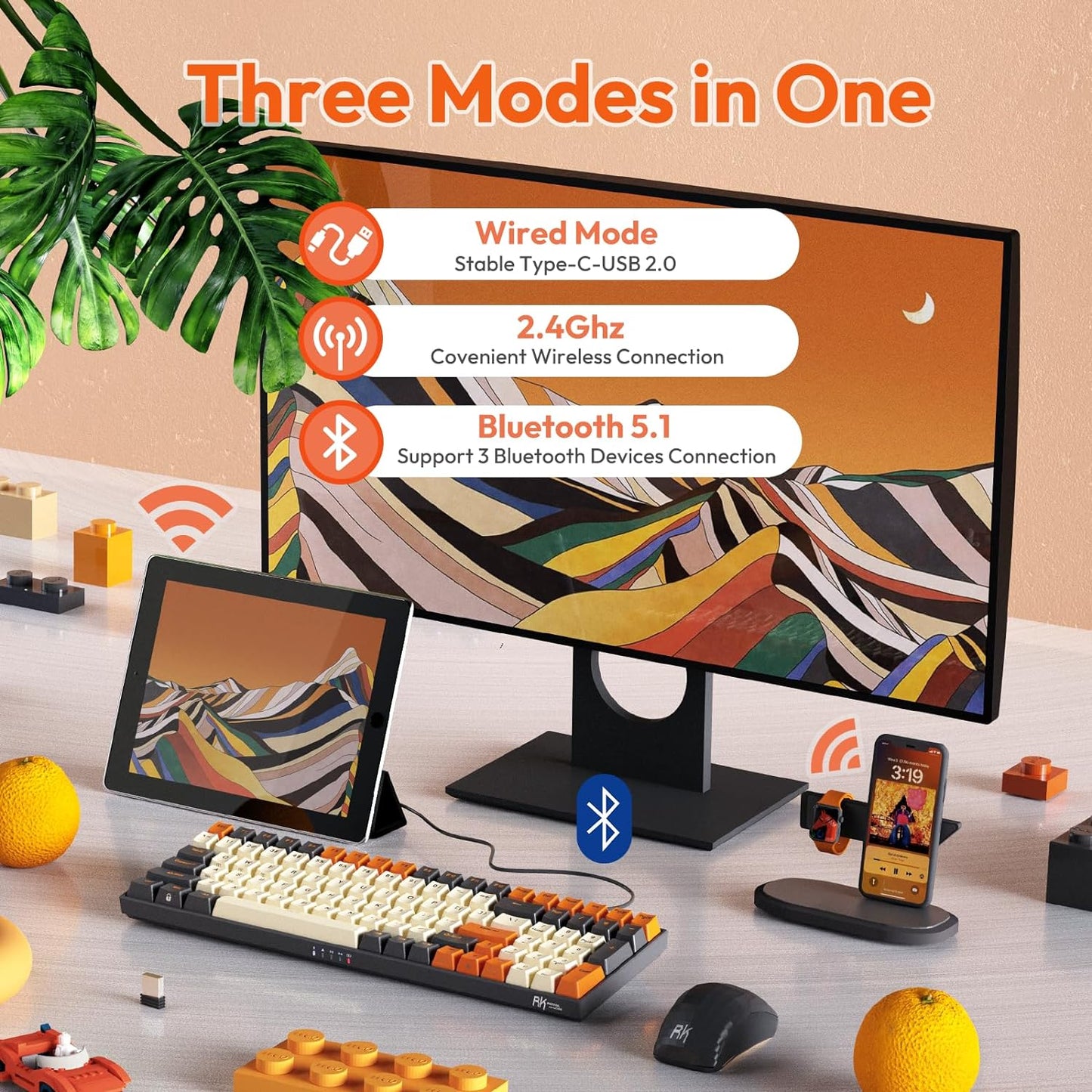 RK ROYAL KLUDGE RK100 Wireless Mechanical Keyboard, Bluetooth5.1/2.4G/Wired 96% Full Size 100-Key Hot Swappable Gaming Keyboard with 3 USB Ports, Blue Switch for Mac Windows, Carbon