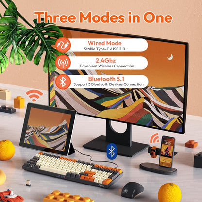 RK ROYAL KLUDGE RK100 Wireless Mechanical Keyboard, Bluetooth5.1/2.4G/Wired 96% Full Size 100-Key Hot Swappable Gaming Keyboard with 3 USB Ports, Blue Switch for Mac Windows, Carbon