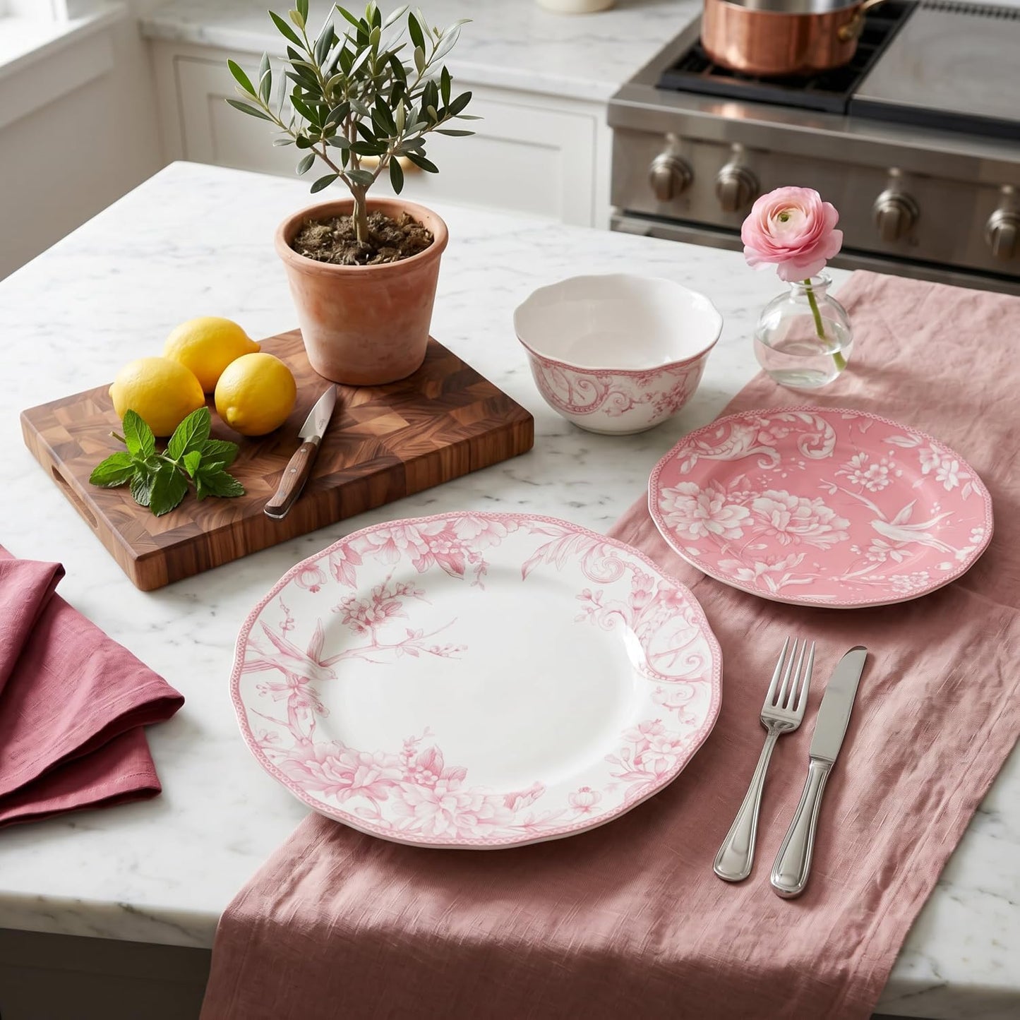 222 Fifth Adelaide Blush 12-Piece Pink Porcelain Dinnerware Set – Service for 4, Plate & Bowl Set, White with Pink Floral Pattern, for Daily Dining & Entertainment, Microwave & Dishwasher Safe