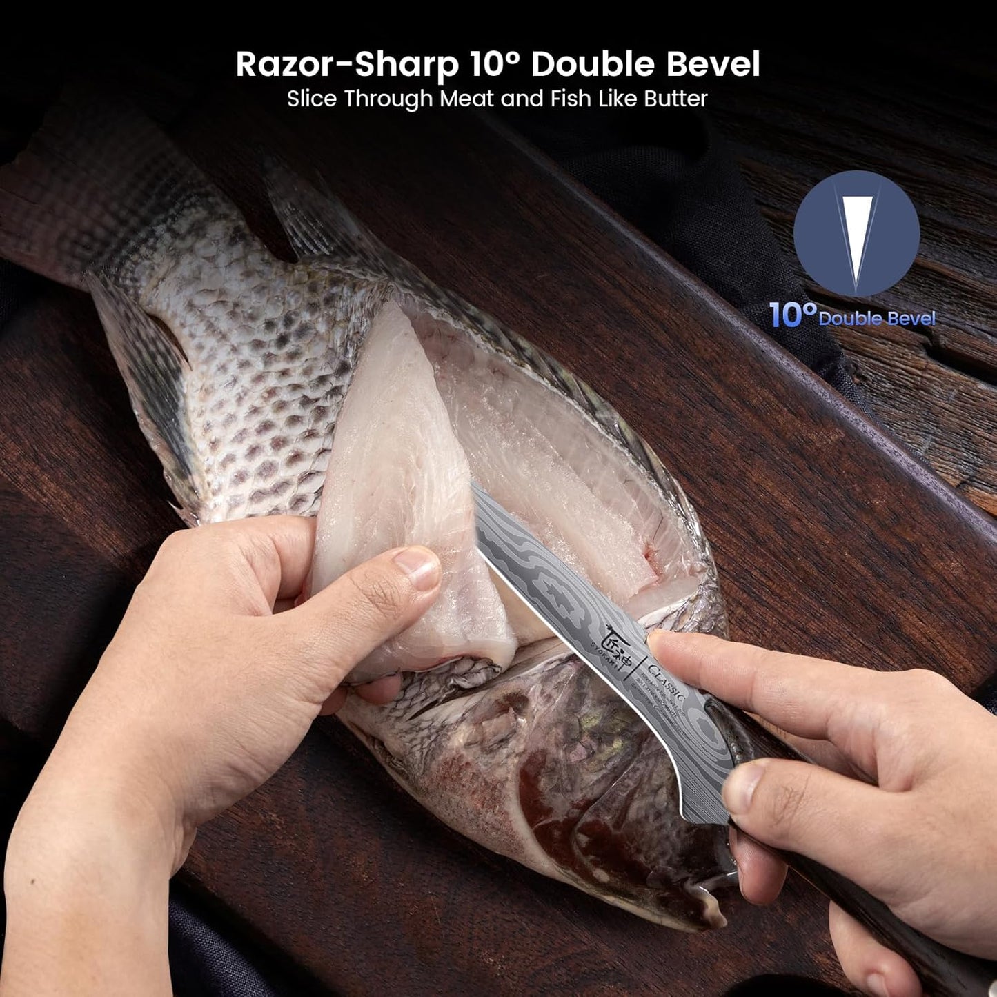 SYOKAMI Fillet Knife, Razor Sharp 7.2 Inch Boning Knife, High Carbon Stainless Steel Filet Knives with High Flexibility, Wooden Handle, Full Tang Damascus Pattern Fish Knives, Ideal for Gifting