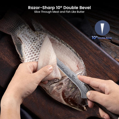 SYOKAMI Fillet Knife, Razor Sharp 7.2 Inch Boning Knife, High Carbon Stainless Steel Filet Knives with High Flexibility, Wooden Handle, Full Tang Damascus Pattern Fish Knives, Ideal for Gifting