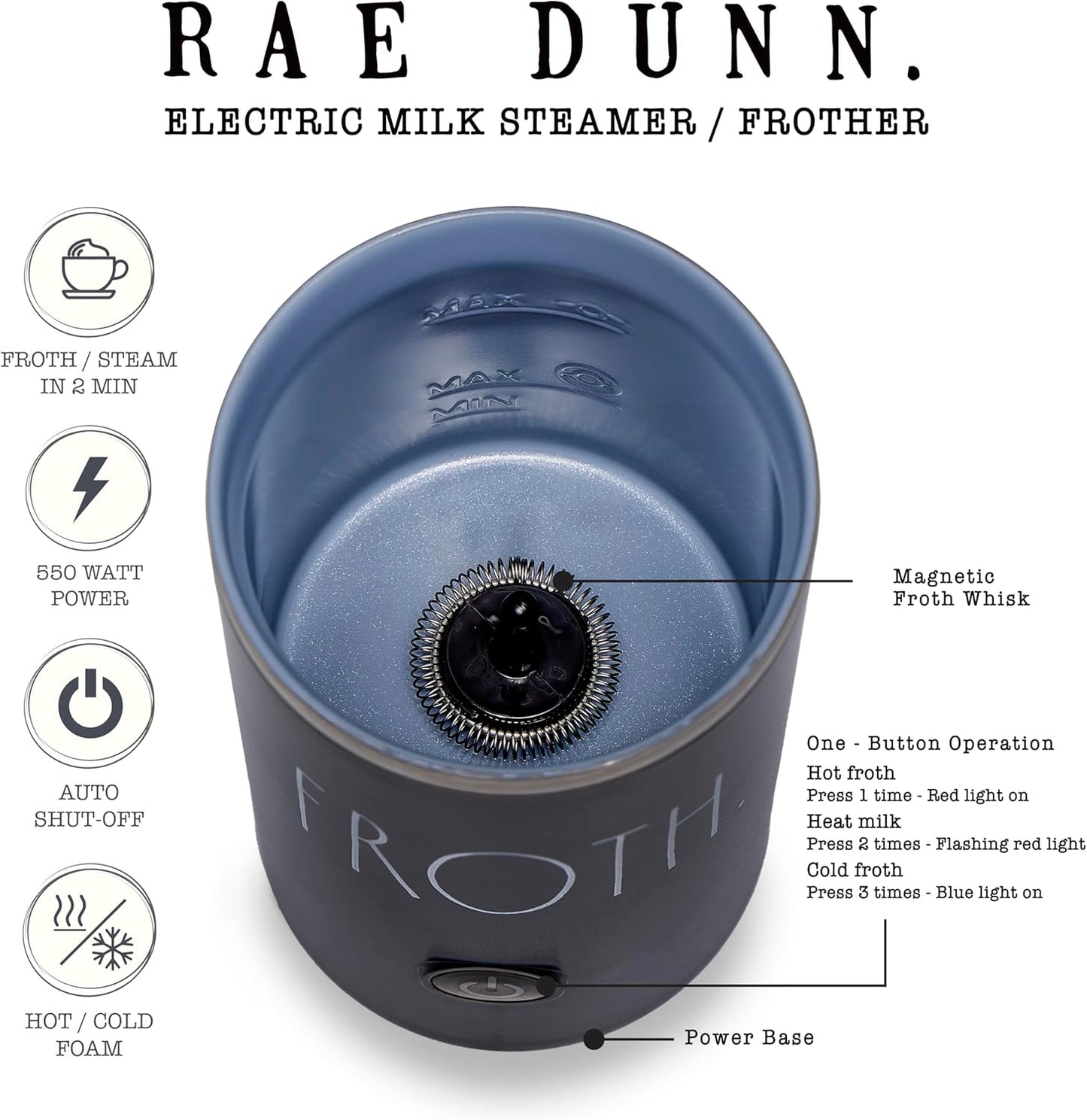 Rae Dunn - Electric Milk Frother - Elegant Automatic Milk Steamer and Frother, Milk Warmer, Hot and Cold Frothing Machine for Coffee, Latte, Cappuccino, Macchiato,