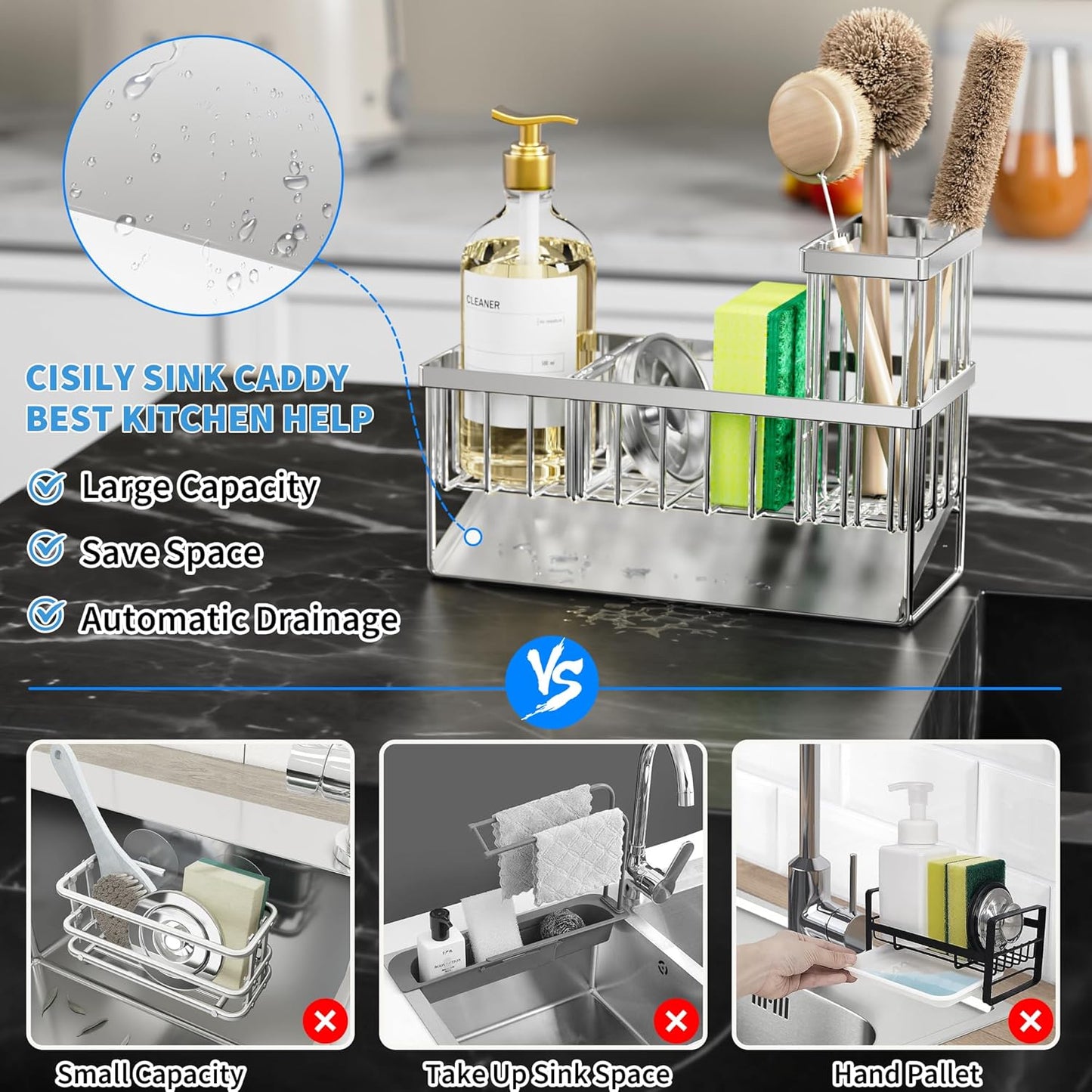 Cisily Kitchen Sink Caddy Organzier with High Brush Holder, Sponge Holder for Sink, 304 Rustproof Stainless, Kitchen Countertop Soap Dispenser Organizer, Kitchen Decor and Accessories (Black)