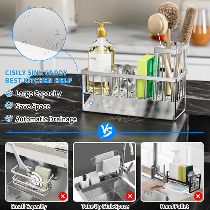 Cisily Kitchen Sink Caddy Organzier with High Brush Holder, Sponge Holder for Sink, 304 Rustproof Stainless, Kitchen Countertop Soap Dispenser Organizer, Kitchen Decor and Accessories (Black)