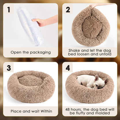 Dog & Cat Bed, 20in Cat Beds for Indoor Cats, Calming Donut Bed for Puppy and Kitten, Washable Round Fluffy Pet Bed for Small Medium Dogs and Cats (Camel)