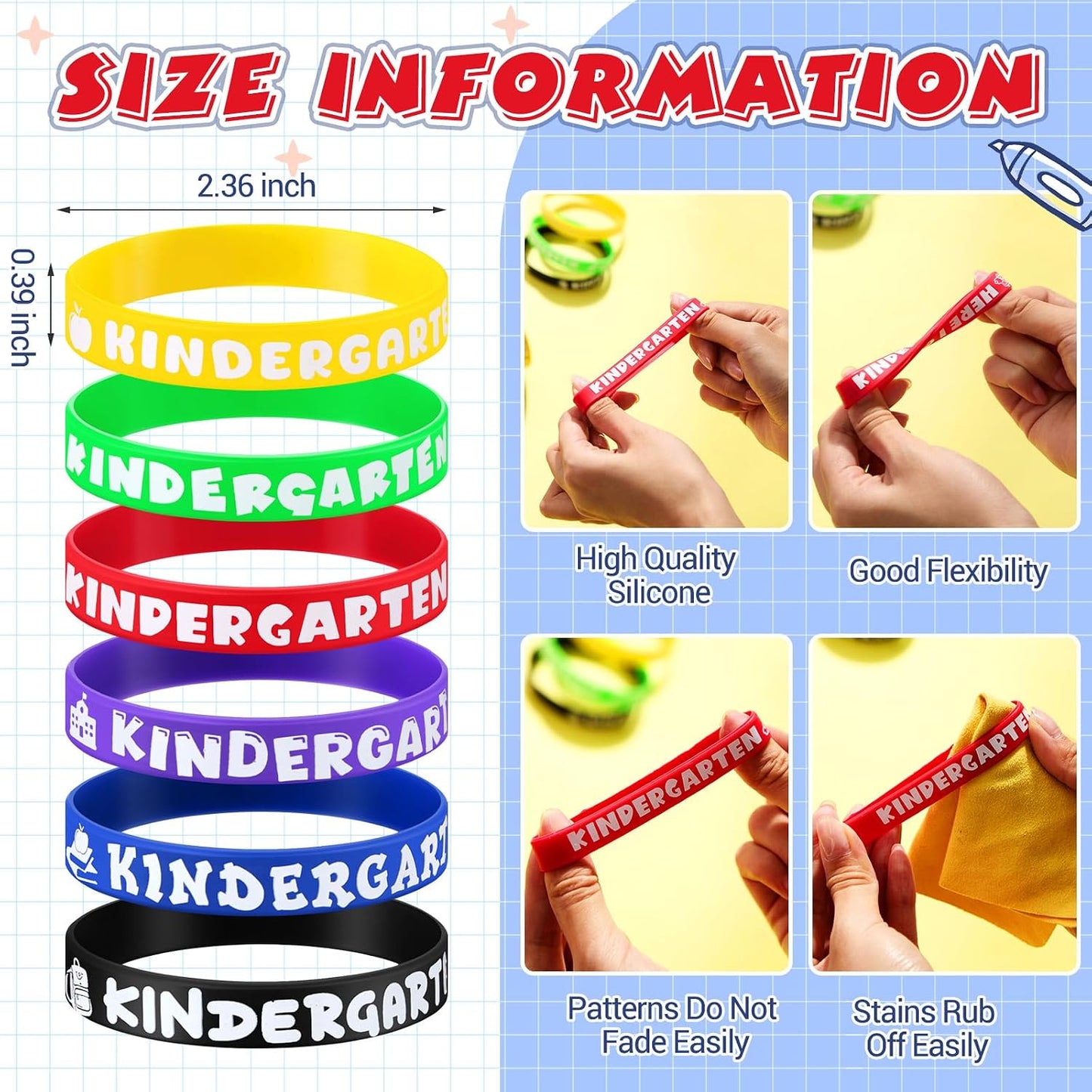 Simgoing 60 Pcs Kindergarten Here I Come Rubber Bracelets Kindergarten Here I Come Party Wristbands Supplies Colored Silicone Bracelets