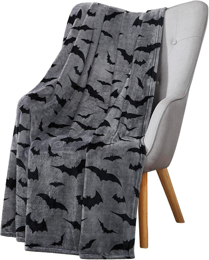 Halloween Fleece Throw Blanket, Black Bats on Gray, 50"x70" Oversized