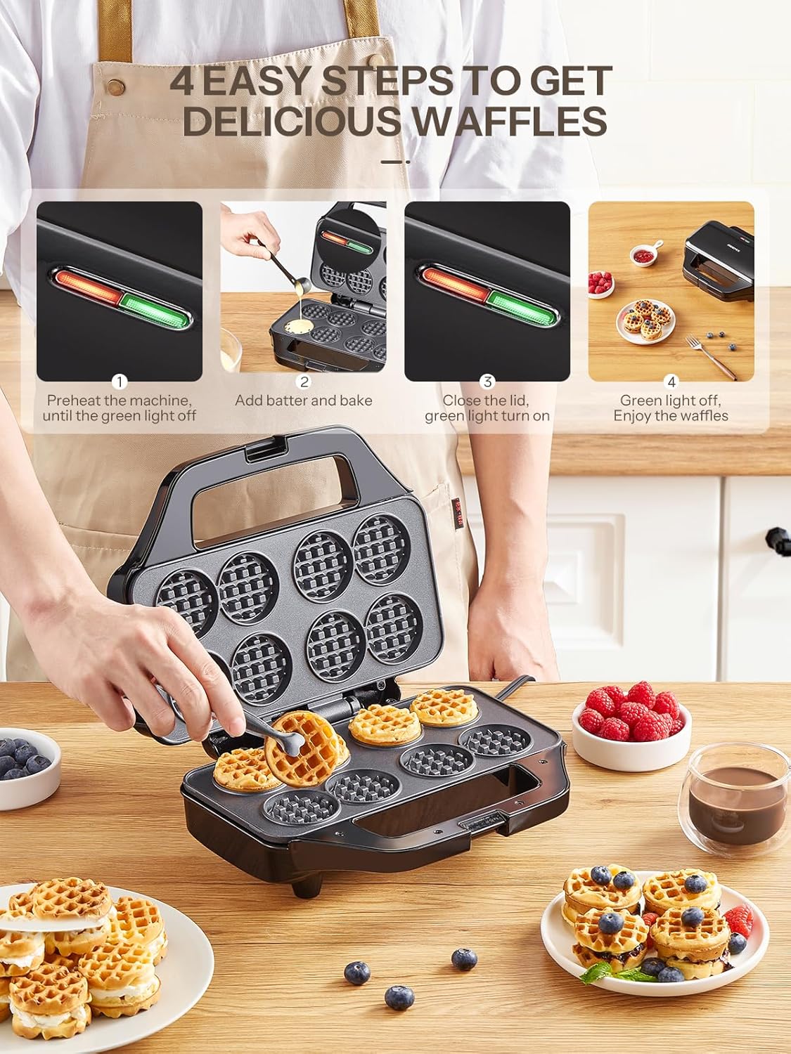 Waffle Maker, Reemix Multi Mini Waffle Iron Bake 8 x 1.8 Inch Small Waffles, Nonstick Waffle Iron with Quick Heat-Up, Simple & Easy Tiny Chaffle Baker for Home & Restaurants, Small Bites for Kids - PuriLite