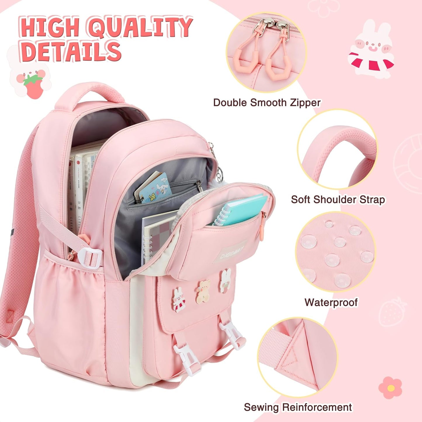 DIGOBAY Girls Backpack, School Backpack for Girls with Lunch Box Pencil Case Set for Teen Kids Girl Elementary Primary Middle High College School Bookbag with Cute Pins Pink