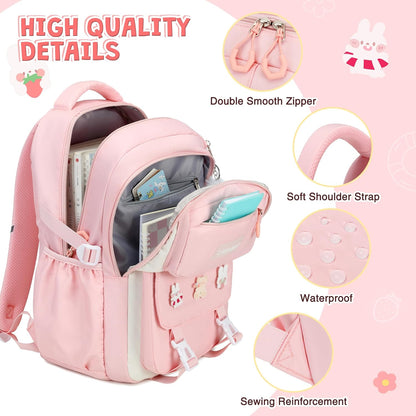 DIGOBAY Girls Backpack, School Backpack for Girls with Lunch Box Pencil Case Set for Teen Kids Girl Elementary Primary Middle High College School Bookbag with Cute Pins Pink