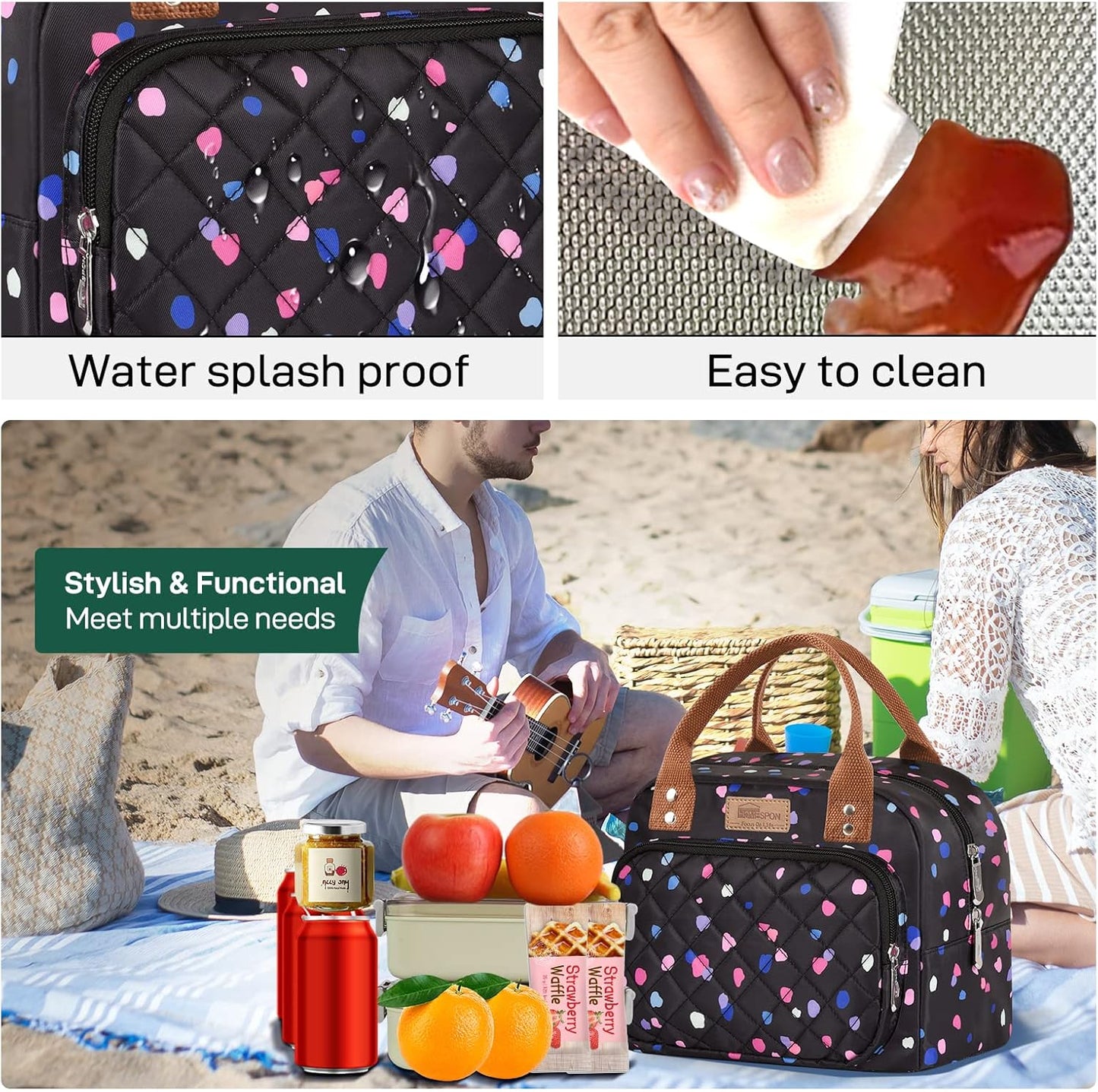 HOMESPON Lunch Bag for Woman Man Adults with Front Pocket Insulated Lunch Tote Lunch Box Container for Work Picnic or Travel(Black)