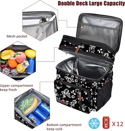Lunch Bag for Women Men Double Deck Lunch Box - Leakproof Insulated Soft Large Lunch Cooler Bag, MIYCOO (Black,15L)