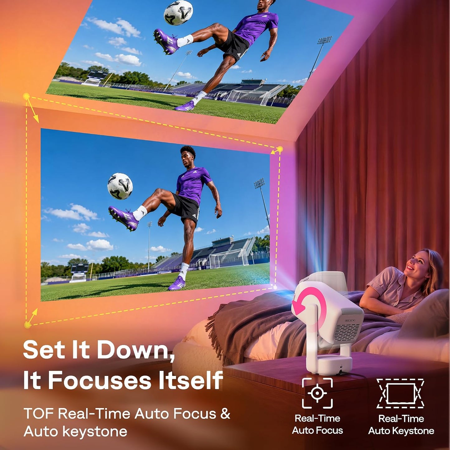 Aurzen D1R air Roku TV Mini Projector with USB-C Power, Roku Built-in & Official Apps, Portable Design & Flexible Stand, Native 1080P, DoIby Audio, Smart Projector for Home & Outdoor, White