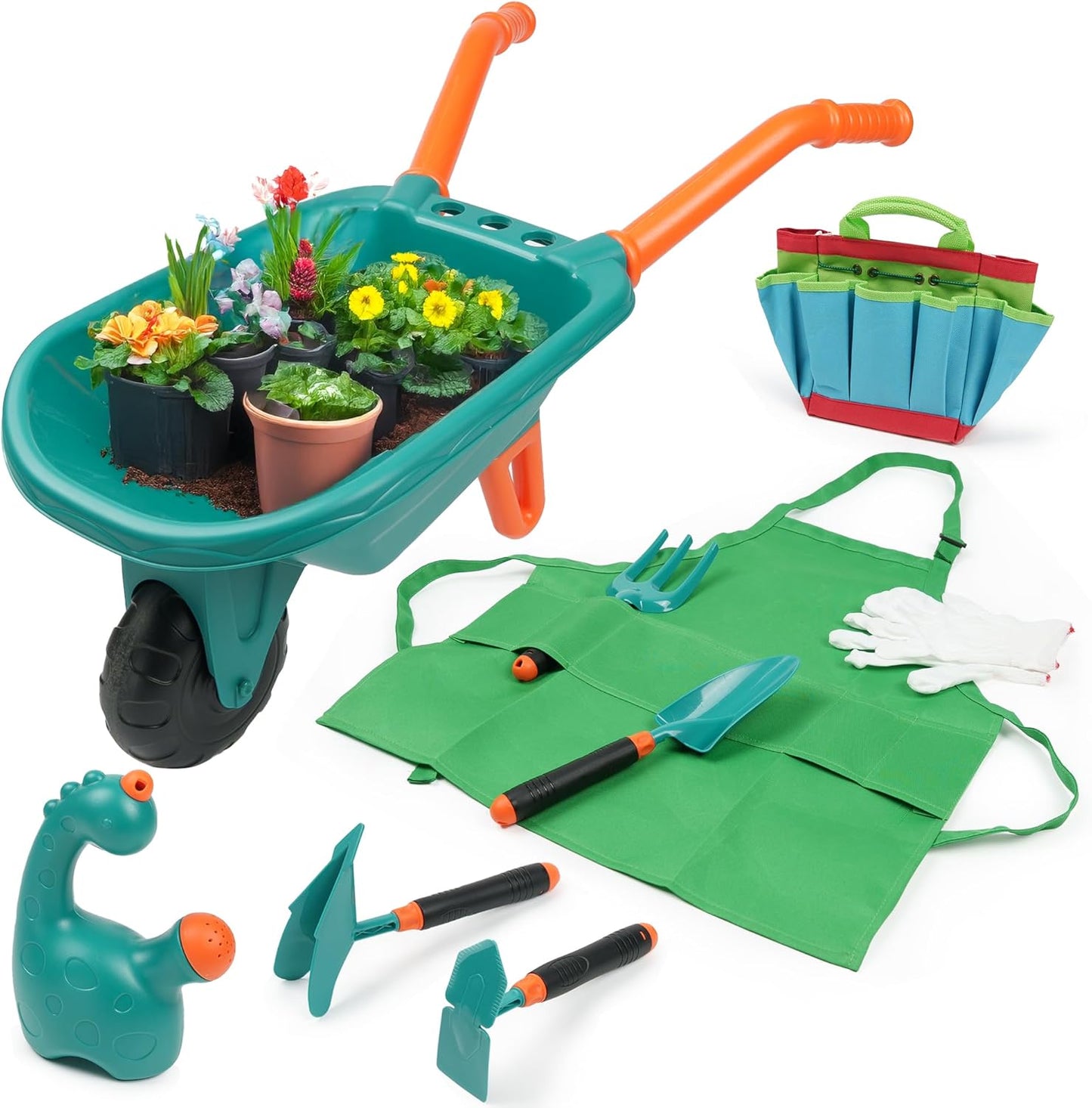 TINYLENS Kids Wheelbarrow with Garden Tool Set, Outdoor Toys Gardening Set for Toddlers 3+, Watering Can, Gloves, Hand Hoe, Washable Apron, Shovel and Fork, Gift for Boys Girls (Green)