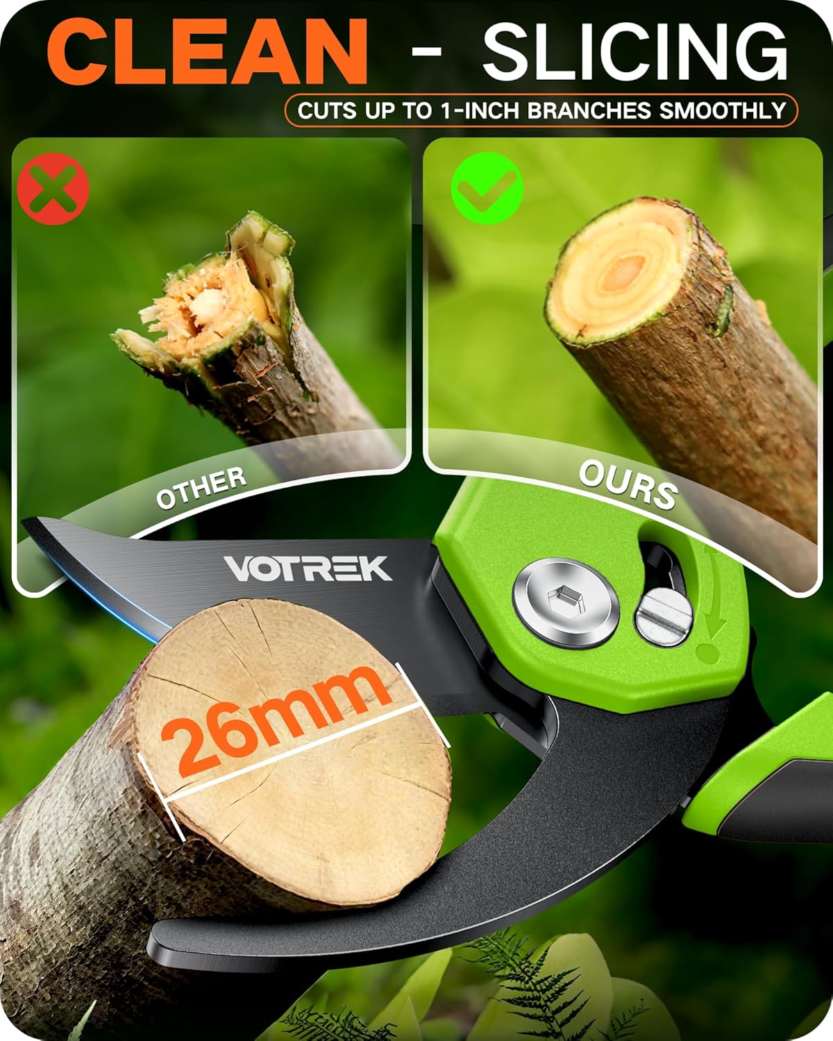 VOTREK Pruning Shears - 8.5" Heavy Duty Bypass Pruners for Gardening with Built-in Spring & SK5 Steel Blades - Ergonomic Adjustable Handle for All Hand Sizes, Garden Clipper Plant Scissors for Branch
