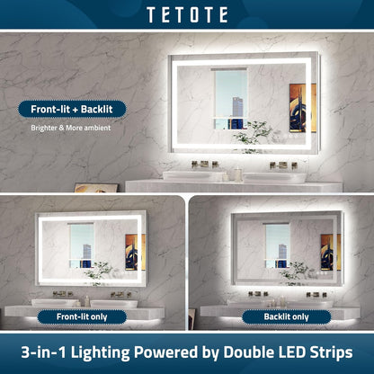 TETOTE LED Bathroom Mirror 20x28 Frontlit & Backlit Lighted Vanity Mirror Anti Fog Stepless Dimmable 3 Colors White/Warm/Natural,Double Lights,Wall-Mounted(Horizontal/Vertical)