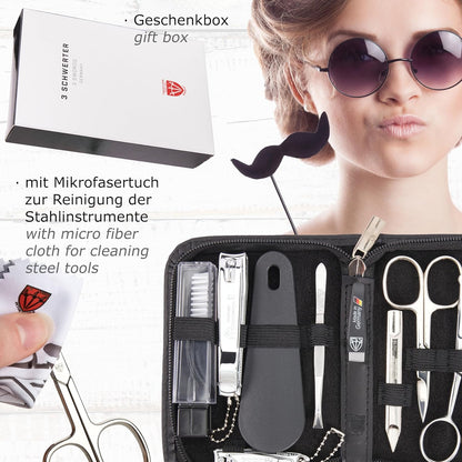 3 Swords Germany - brand quality 10 piece manicure pedicure grooming kit set for professional finger & toe nail care scissors clipper fashion leather case in gift box, Made by 3 Swords (003164)