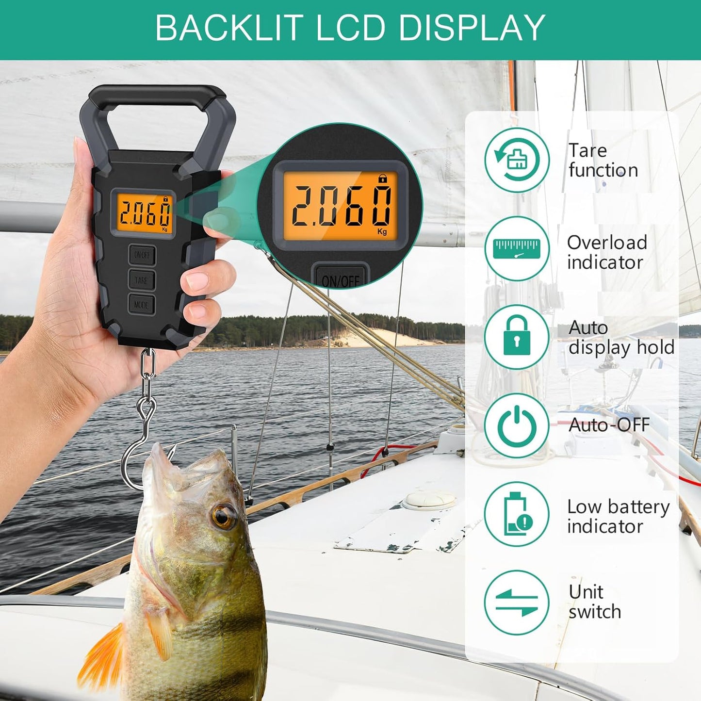 ORIA Fish Scale Digital, Fishing Scale, Fish Scale with Ruler and Fish Gripper, 110lb/50kg Baggage Weighing Scale, Backlit LCD Display (Orange)