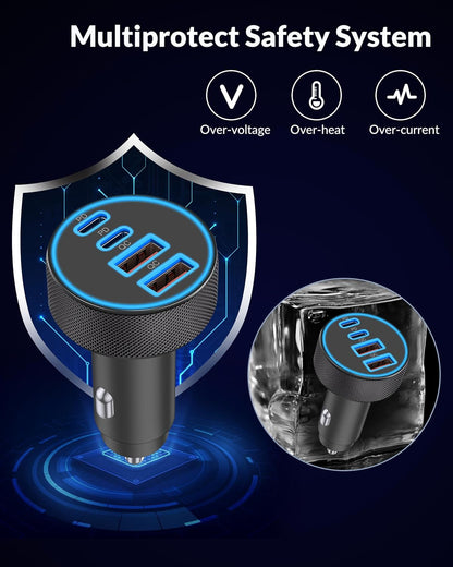 [4 in 1] USB C Car Charger, 4-Port 90W Super Fast Charging Cigarette Lighter Adapter, Dual 45W USBC & USB-A Multiport Car Phone Charger Accessories for iPhone 17 16 15 14 13 12, iPad, Galaxy, Tablet