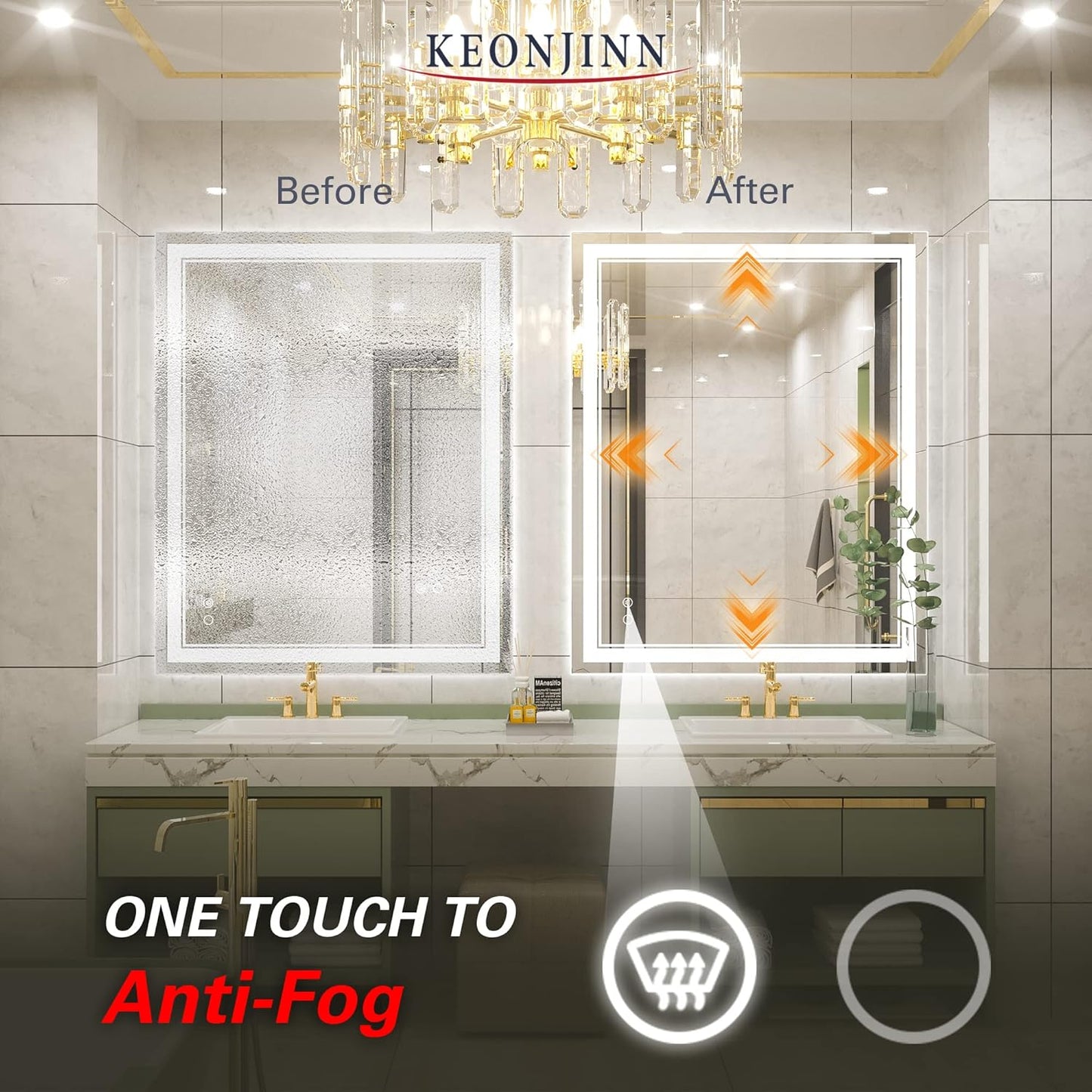 Keonjinn 40 x 24 Inch LED Mirror, Bathroom Mirror with Lights, LED Vanity Mirror, Wall Mounted Anti-Fog Dimmable Lighted Makeup Mirror for Bedroom, IP54 Waterproof (Horizontal/Vertical)