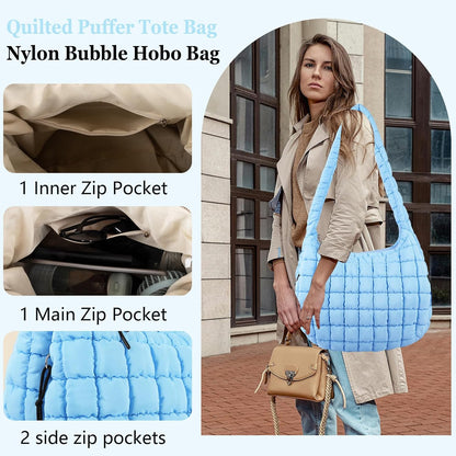 Quilted Puffer Tote Bag Large Crossbody Shoulder Bag with Zipper, Nylon Hobo Oversized Handbag
