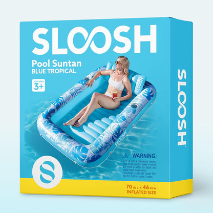 Sloosh Inflatable Tanning Pool Lounger Float-XL, 85" x 57" Extra Large Suntan Sun Tan tub for Adults, Bed Blow up, Raft Lounge Floatie, XL-Blue