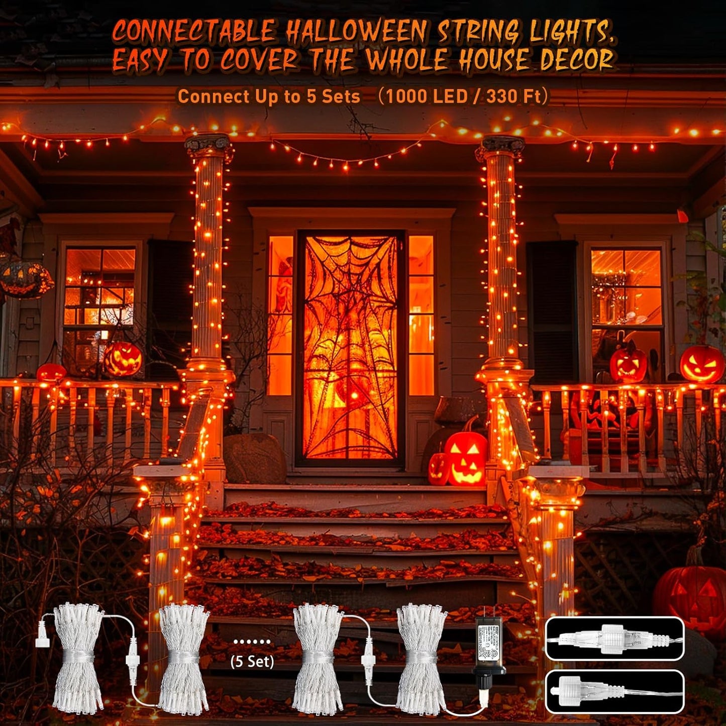 JMEXSUSS 66ft 200 LED Halloween Lights Outdoor, Orange String Lights Clear Wire, 8 Modes Orange Halloween Christmas String Lights Plug in for Tree Indoor Patio Garden Thanksgiving Decorations