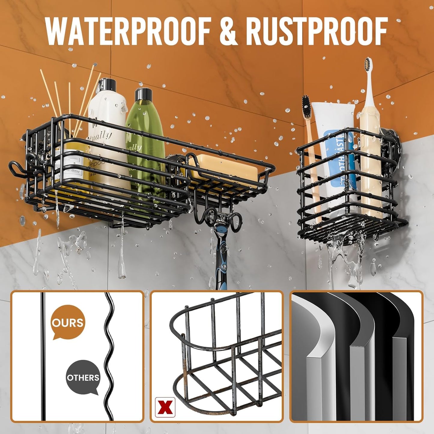 LEVERLOC Shower Caddy Suction Cup, 2 Pack Black Shower Shelf with Hooks and Soap Holder, NO-Drilling Bathroom Organizer, Rustproof Metal Bathroom Storage and Organization