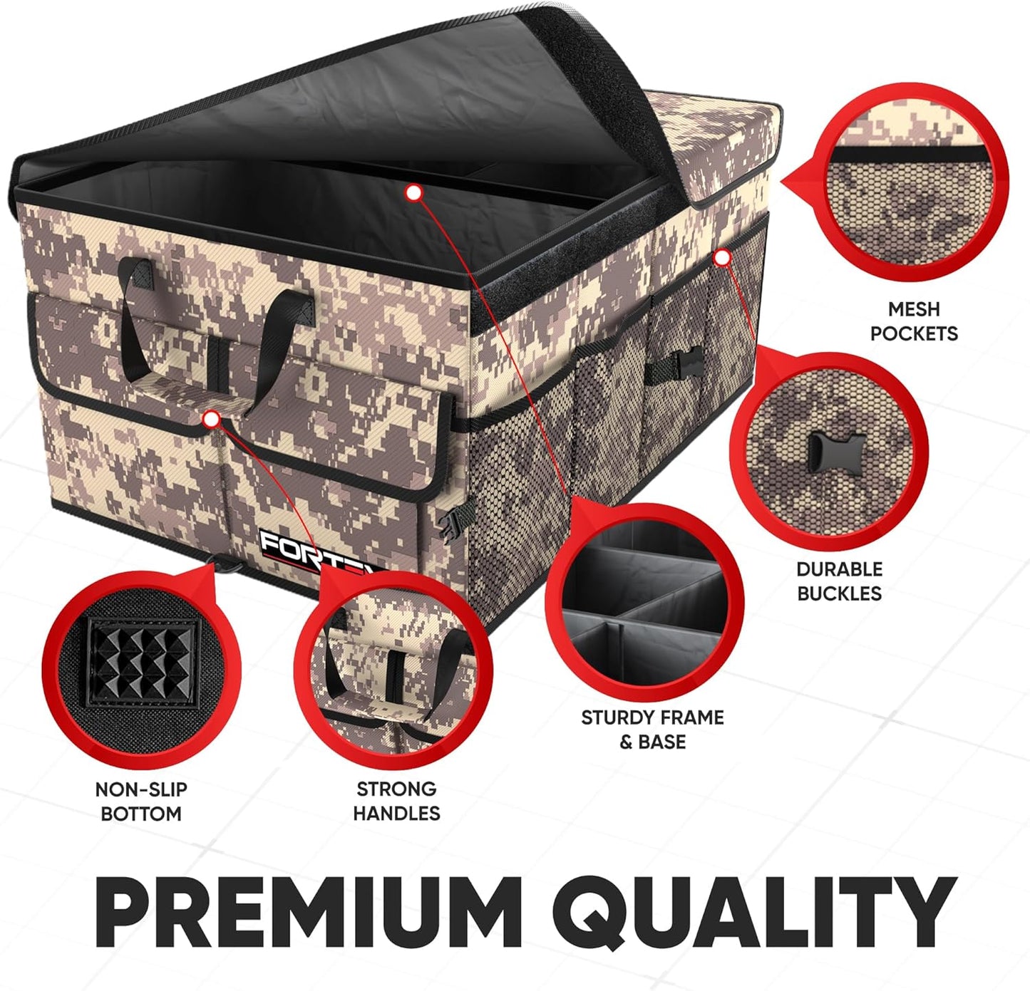 FORTEM Car Trunk Organizer, Collapsible Multi Compartment Car Organizer, Foldable SUV Storage for Car Accessories for Women Men, Non Slip Bottom, Securing Straps, Soft Cover 50L (Black, Standard)